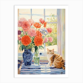 Cat With Ranunculus Flowers Watercolor Mothers Day Valentines 2 Art Print