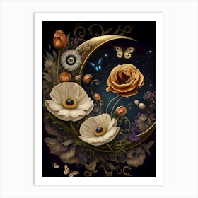 Moon And Flowers 4 Art Print