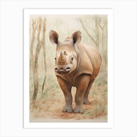 Vintage Illustration Of A Rhino Walking Through The Jungle 1 Art Print