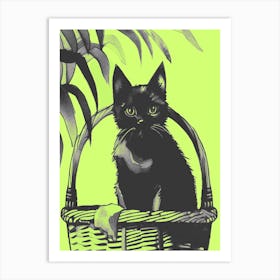 Black Cat Kitty In A Basket Green Art Print