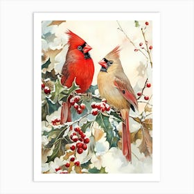 Cardinals On Holly Art Print