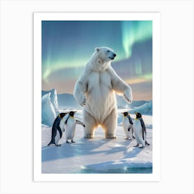 Abstract Horizons: The Frozen Frontier Polar Bear And Penguins Art Print