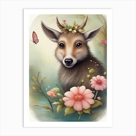 Deer With Flowers Art Print