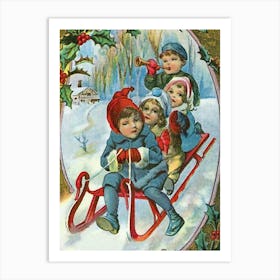 Kids Are Sledding In A Snow Art Print