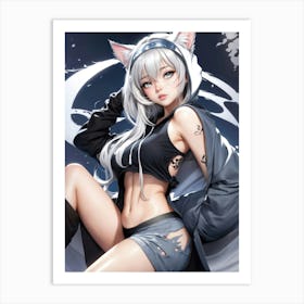 A stunning cosplay pose with a beautiful anime girl donning cat ears, blending kawaii charm with cyberpunk allure — a fantasy of cute and sexy waifu. Art Print