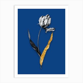 Vintage Didiers Tulip Black and White Gold Leaf Floral Art on Midnight Blue Art Print