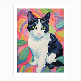 Black And White Cat In Colourful Flower Background Art Print