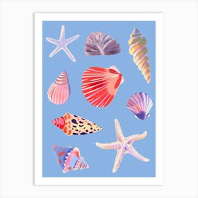 Seashells on the Blue. Vintage illustration Art Print