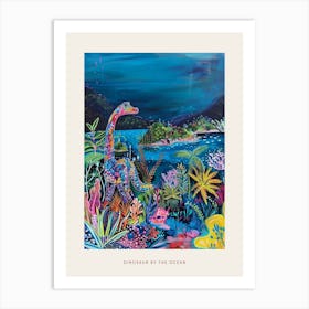 Dinosaur By The Ocean Colourful Painting Poster Art Print