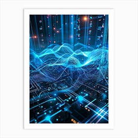 Abstract Cyber Security Theme With Geometric Dots And Lines Forming A Network Like Grid Blue And N (1) Art Print