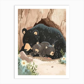American Black Bear Family Sleeping In A Cave Storybook Illustration 3 Art Print