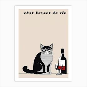 Chat Buvant Du Vin - Cat Drinking Wine Art Print
