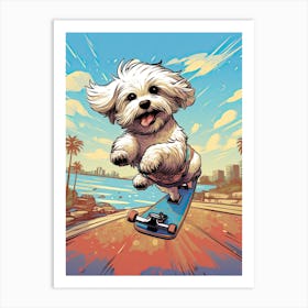 Havanese Dog Skateboarding Illustration 3 Art Print