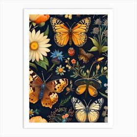 Wild Flowers And Butterflies Inspired By William Morris Art Print