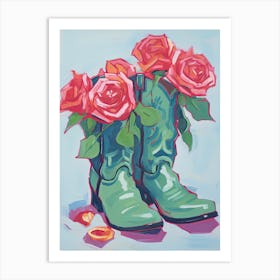 A Painting Of Cowboy Boots With Roses Flowers, Fauvist Style, Still Life 4 Art Print