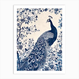 Navy & Cream Linocut Inspired Peacock In The Plants 3 Art Print