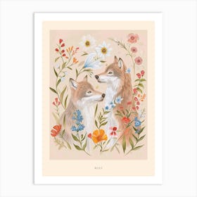 Folksy Floral Animal Drawing Wolf 3 Poster Art Print
