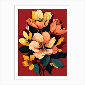 Flowers On A Red Background 1 Art Print