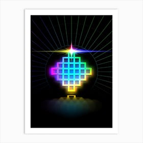 Neon Geometric Glyph in Candy Blue and Pink with Rainbow Sparkle on Black n.0041 Art Print