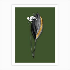Vintage Bulltongue Arrowhead Black and White Gold Leaf Floral Art on Olive Green n.0912 Art Print