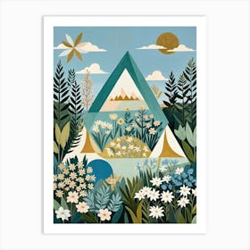 Abstract Triangles And Flowers In Blue Art Print