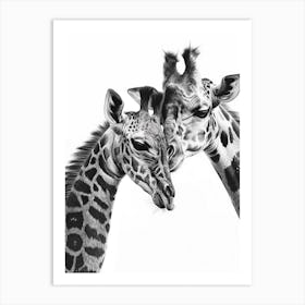 Pencil Portrait Of Giraffe Mother & Calf 1 Art Print