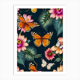 Seamless Pattern With Butterflies And Flowers 2 Art Print