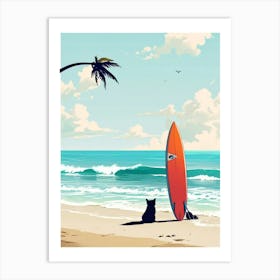 Surfboard And Cat On The Beach Art Print