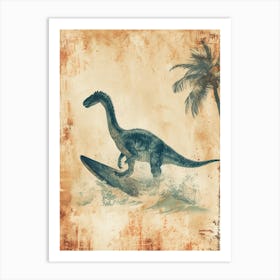 Vintage Therizinosaurus Dinosaur On A Surf Board 2 Art Print