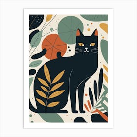 Black Cat With Leaves Art Print