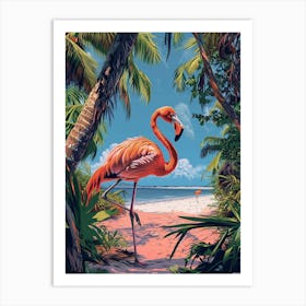 Greater Flamingo Flamingo Beach Bonaire Tropical Illustration 1 Art Print