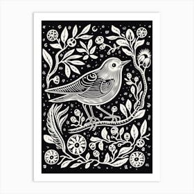 B&W Bird Linocut Mockingbird 4 Art Print