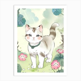 A Cute Anime Cat In A Forest With Flowers Art Print