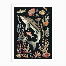 White Tip Reef Shark Seascape Black Background Illustration 4 Art Print