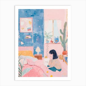 Girl Sleeping With Cats Tv Lo Fi Kawaii Illustration 3 Art Print