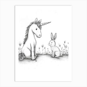 Unicorn And Bunny Friends Black And White Doodle 3 Art Print