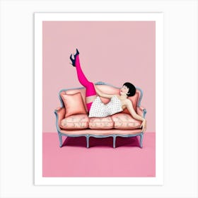 Girl On A Pink Couch Art Print