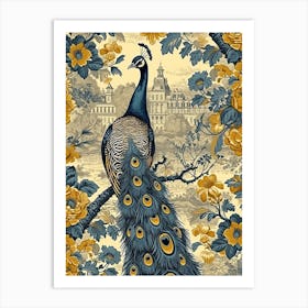 Mustard & Blue Peacock With A Palace Floral Art Print