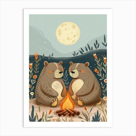 Two Sloth Bears Sitting Together By A Campfire Storybook Illustration 2 Art Print