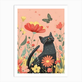 Black Cat In Flowers 7 Art Print