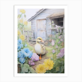 Floral Duckling Pencil Illustration 2 Art Print