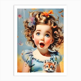 Little Girl With small cat Art Print