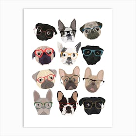 Pugs And French Bulldog In Glasses Art Print