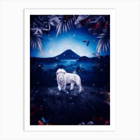 White Lion In Blue Jungle Art Print