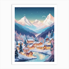 Winter Travel Night Illustration Chamonix France 2 Art Print