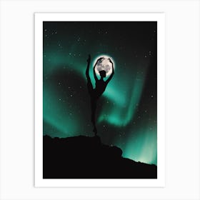 Silhouette Of A Dancer With Moon Aurora Art Print