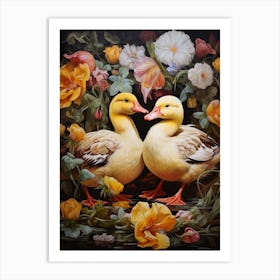 Ducklings In A Bed Of Flowers Painting 1 Art Print