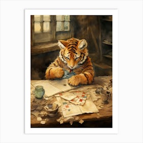 Tiger Illustration Solving Puzzles Watercolour 3 Art Print