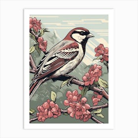 Vintage Bird Linocut House Sparrow 2 Art Print