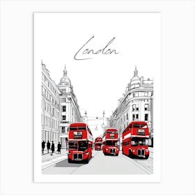 London Red Buses, Black And White Illustration Art Print